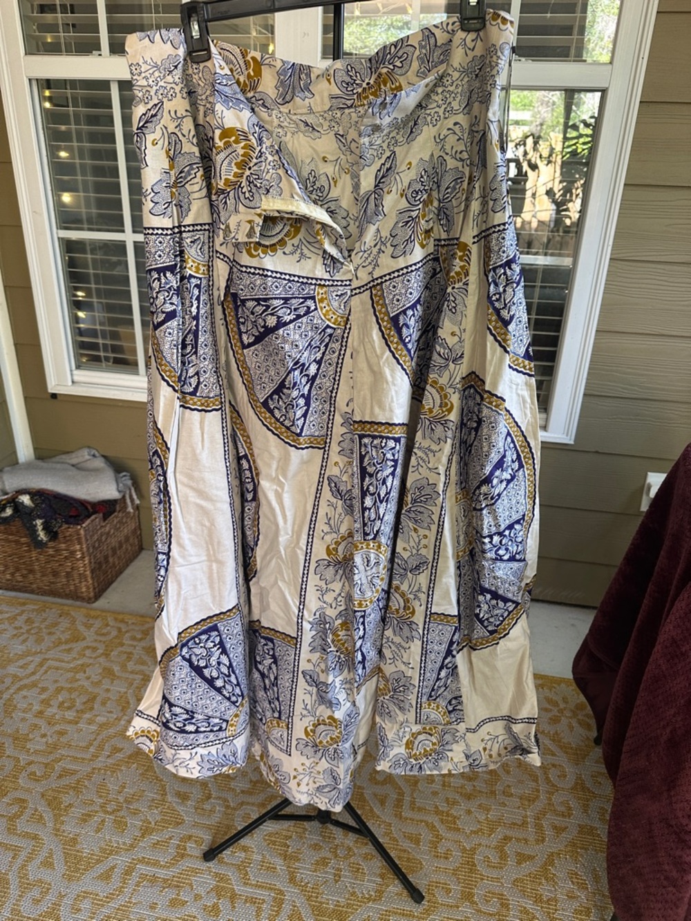 Bohemian A-Line Maxi Skirt in White with Blue & Mustard Print